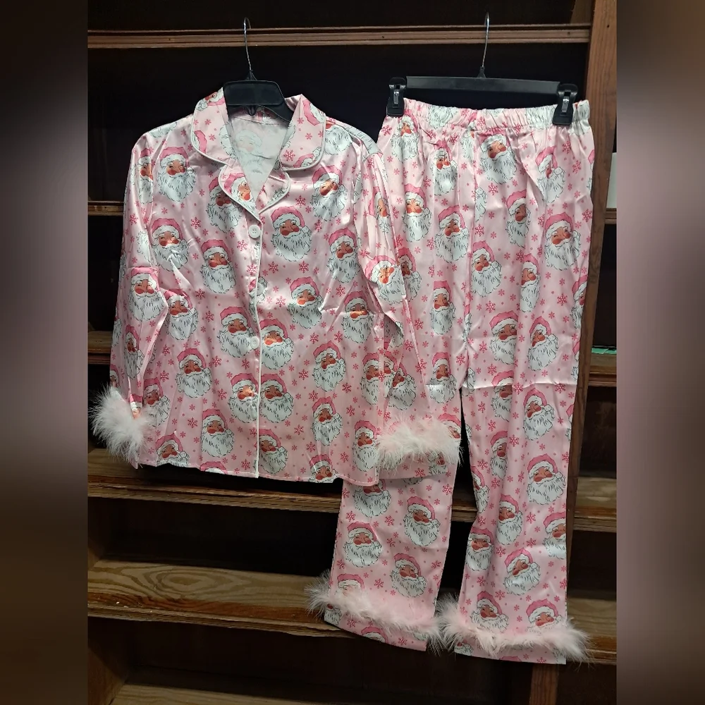 Women's Pink Feather Trim Pajama Set - Picture 4 of 6
